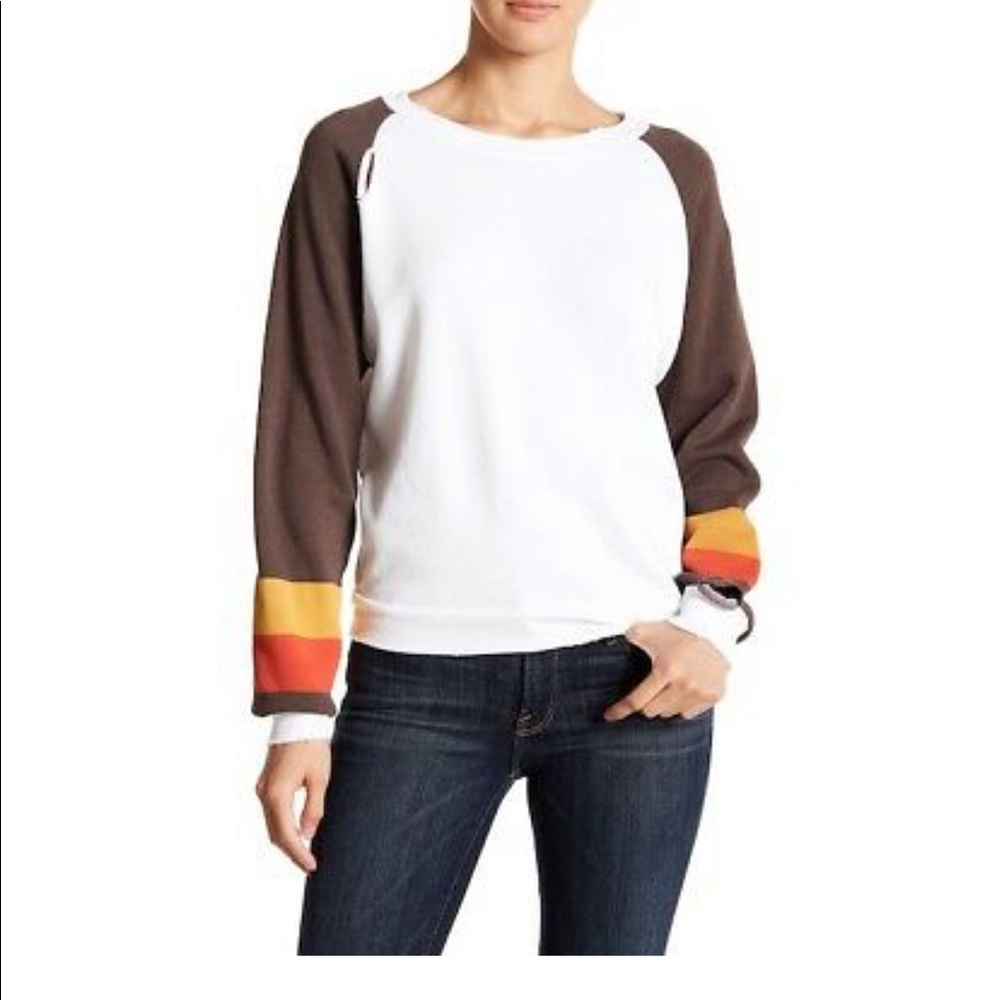 Wildfox Baby Stripe Crewneck White & Brown Sweater